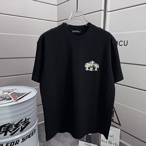 クロムハーツ サンスクリットホースシューシリコンアップリケ刺繍ラインストーン半袖Tシャツ