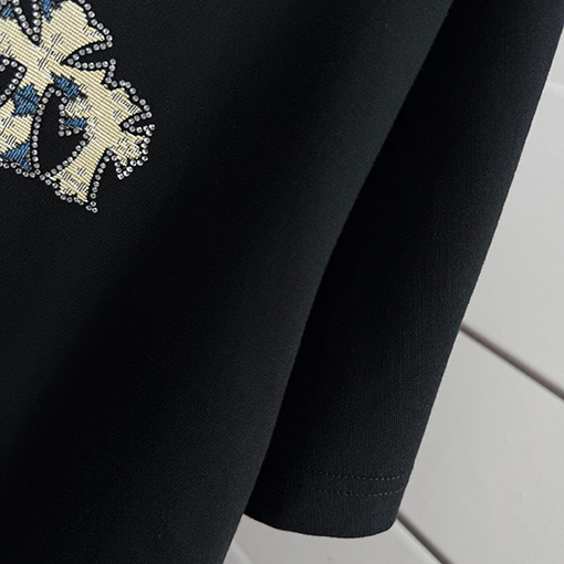 クロムハーツ サンスクリットホースシューシリコンアップリケ刺繍ラインストーン半袖Tシャツ