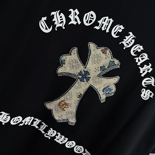 クロムハーツ サンスクリットホースシューシリコンアップリケ刺繍ラインストーン半袖Tシャツ