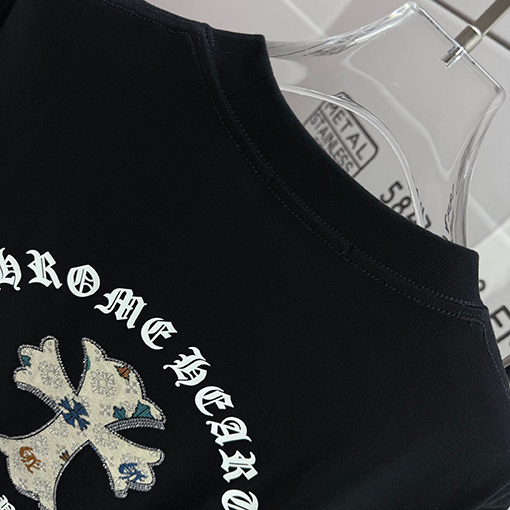クロムハーツ サンスクリットホースシューシリコンアップリケ刺繍ラインストーン半袖Tシャツ