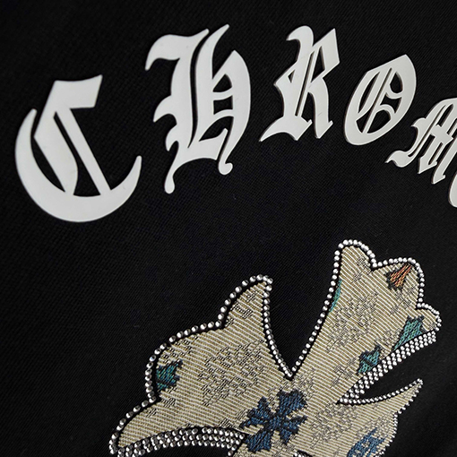 クロムハーツ サンスクリットホースシューシリコンアップリケ刺繍ラインストーン半袖Tシャツ