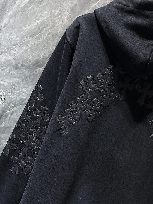 クロムハーツ ダブルアームとバックにクロス刺繍パッチワークレザーのジップアップスパーカー