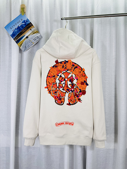 クロムハーツ ウォッシュ焼き付けしたフローラルアップリケ刺繍のジップアップパーカー
