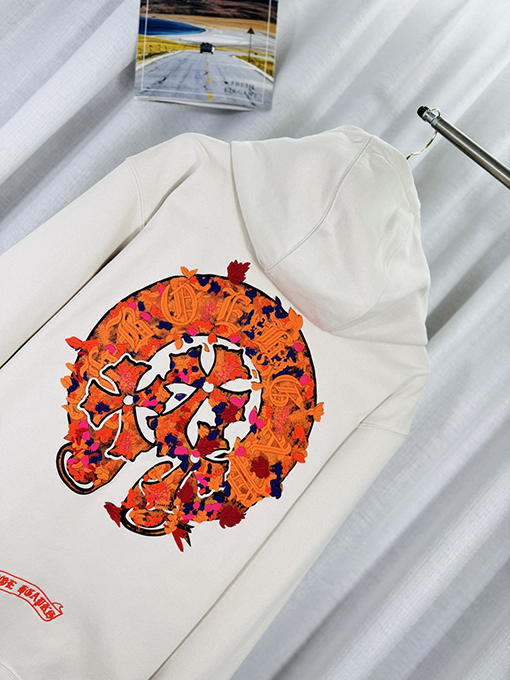クロムハーツ ウォッシュ焼き付けしたフローラルアップリケ刺繍のジップアップパーカー