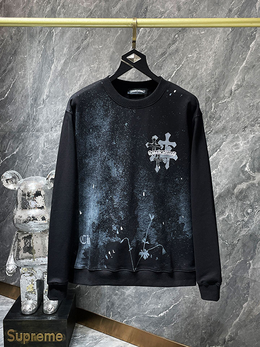クロムハーツコピー 星空クロスパッチワーク刺繍クルーネックスウェットシャツ