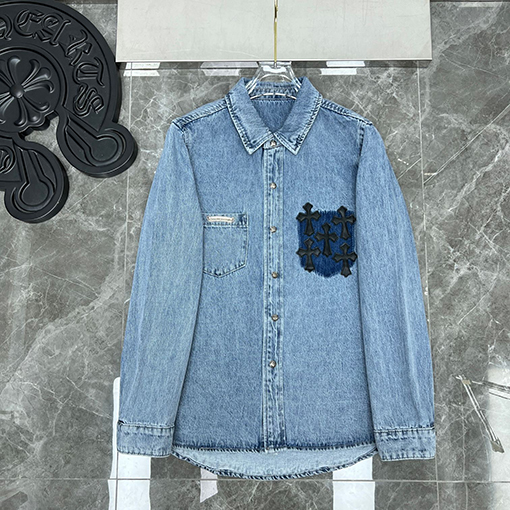 クロムハーツ クラシックなパッチワーク刺繍レザーパッチワークデニムシャツ