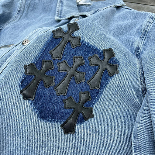 クロムハーツ クラシックなパッチワーク刺繍レザーパッチワークデニムシャツ