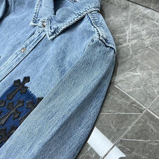 クロムハーツ クラシックなパッチワーク刺繍レザーパッチワークデニムシャツ