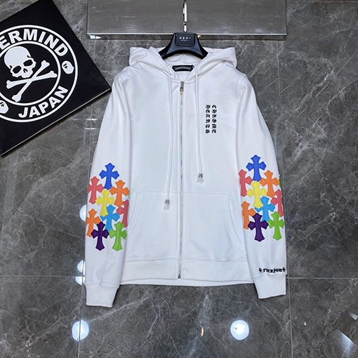 クロムハーツ ダブルアーム刺繍クロスパッチワークジップアップスウェットシャツ