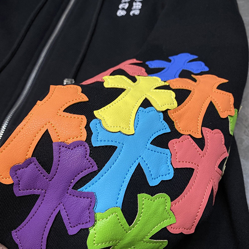クロムハーツ ダブルアーム刺繍クロスパッチワークジップアップスウェットシャツ