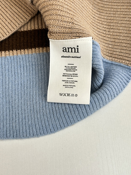 アミ テリー刺繍Vネックカラーブロックニットセーター