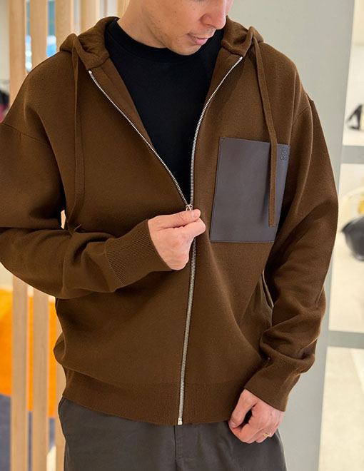 ロエベ レザーパッチポケットウールジップアップコート