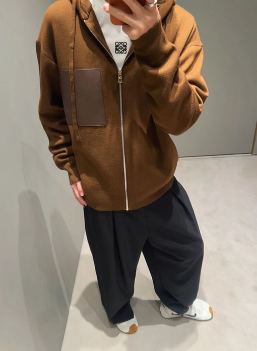 ロエベ レザーパッチポケットウールジップアップコート