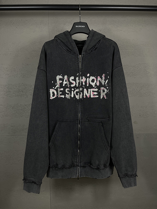 バレンシアガ FASHION DESIGNER レターアート ゴールド＆シルバー ピンクプリント ジッパー フード付きスウェットシャツ
