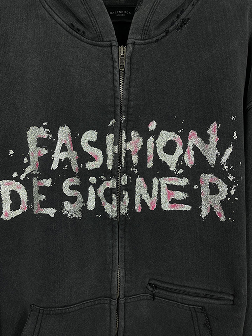 バレンシアガ FASHION DESIGNER レターアート ゴールド＆シルバー ピンクプリント ジッパー フード付きスウェットシャツ