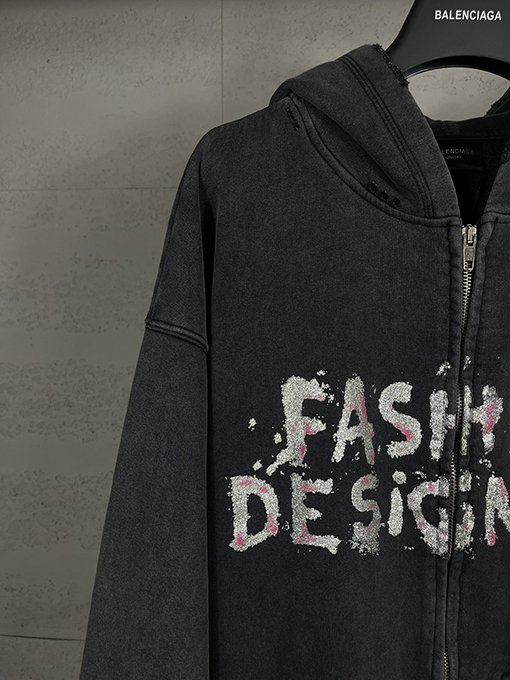 バレンシアガ FASHION DESIGNER レターアート ゴールド＆シルバー ピンクプリント ジッパー フード付きスウェットシャツ