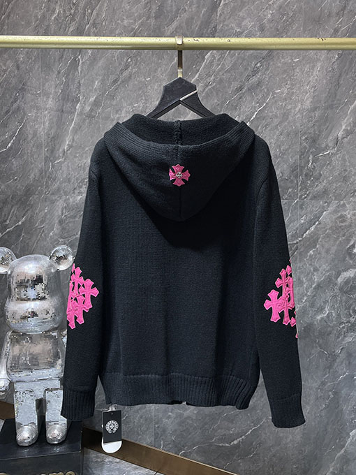 クロムハーツ ピンクの刺繍りジップアップフード付きセーター