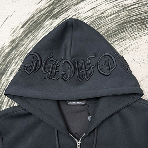 クロムハーツ パッチワークレザーのスタッズ付き重な刺繍のフード付きジャケット