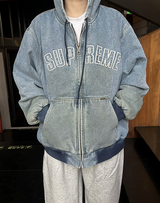 シュプリームコピー SUPREME Reflective Arc Hooded Work Jacket 反射文字デニムコットンジャケット