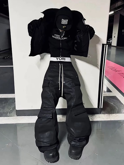 リックオウエンス コーティング＆ワックス加工のワイドレッグカーゴフレアパンツ