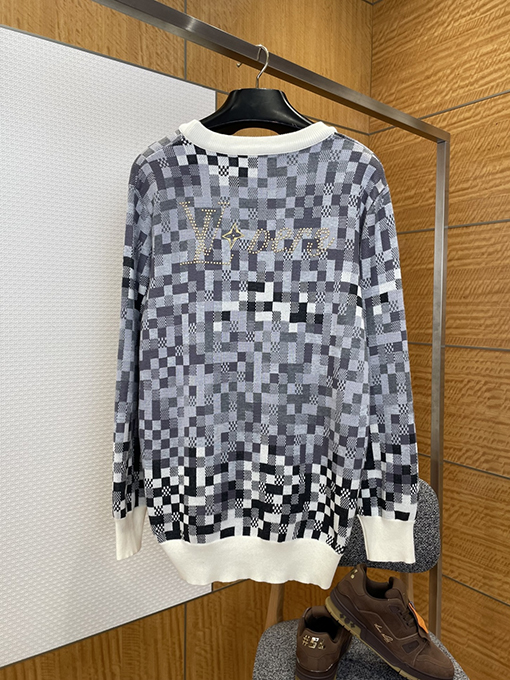 ルイヴィトンコピー クラシックカラーブロックチェック柄ジャカードクルーネックニットセーター
