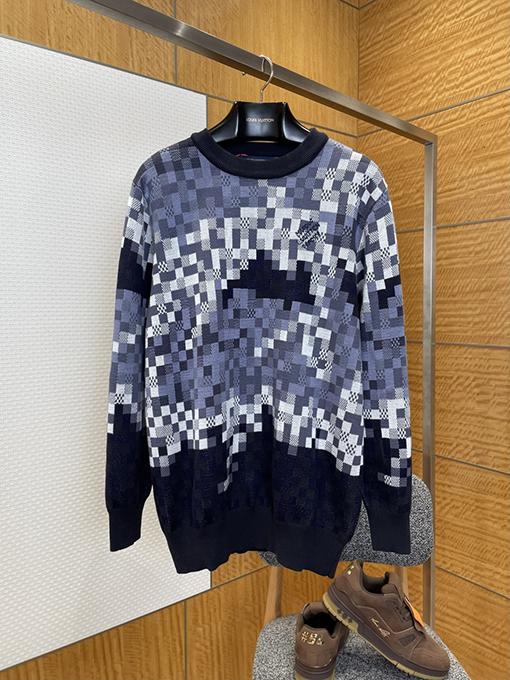 ルイヴィトン ファッションカラーブロックチェック柄ジャカードクルーネックニットセーター