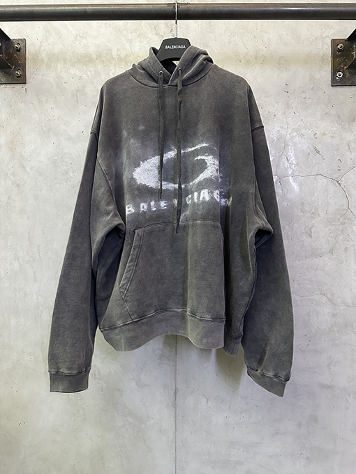 バレンシアガ BALENCIAGA シングルリングスモークウォッシュダメージフード付きスウェットシャツ