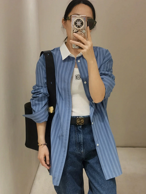 ロエベ カラーブロックのストライプ柄シングルブレストポインテッドカラー長袖シャツ