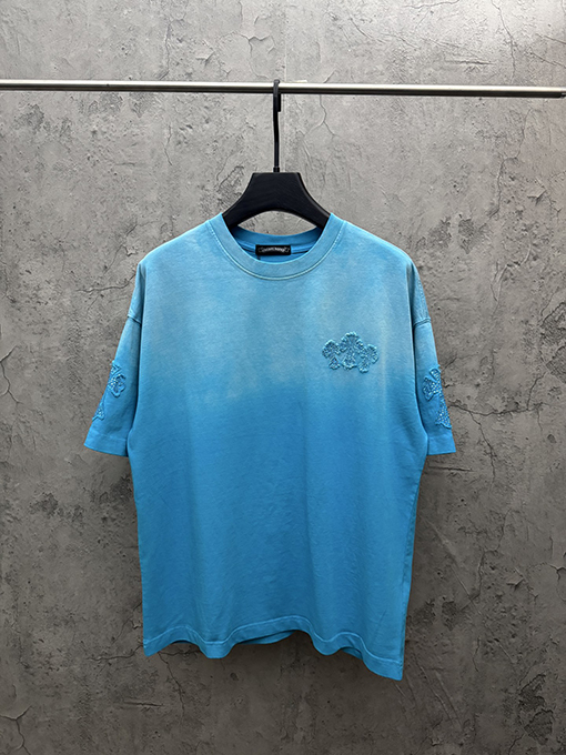 クロムハーツ アメリカンスタイルのウォッシュアップリケ刺繍ラインストーンカップル半袖Tシャツ