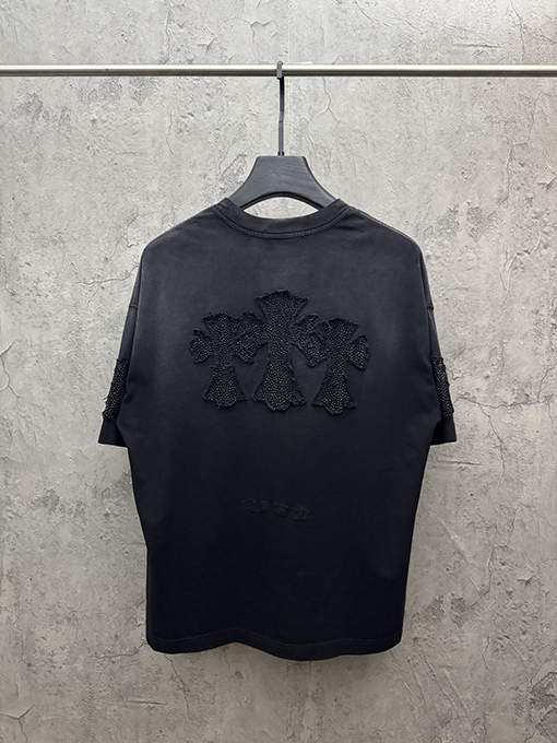 クロムハーツ アメリカンスタイルのウォッシュアップリケ刺繍ラインストーンカップル半袖Tシャツ
