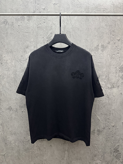 クロムハーツ アメリカンスタイルのウォッシュアップリケ刺繍ラインストーンカップル半袖Tシャツ