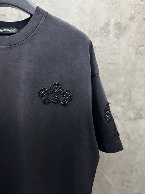 クロムハーツ アメリカンスタイルのウォッシュアップリケ刺繍ラインストーンカップル半袖Tシャツ