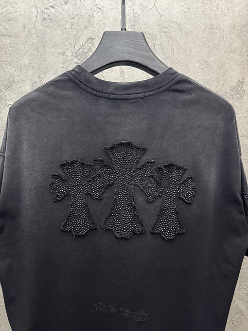 クロムハーツ アメリカンスタイルのウォッシュアップリケ刺繍ラインストーンカップル半袖Tシャツ