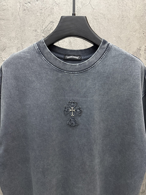 クロムハーツ アメリカンスタイルのウォッシュドデニムパッチ刺繍カップル半袖Tシャツ
