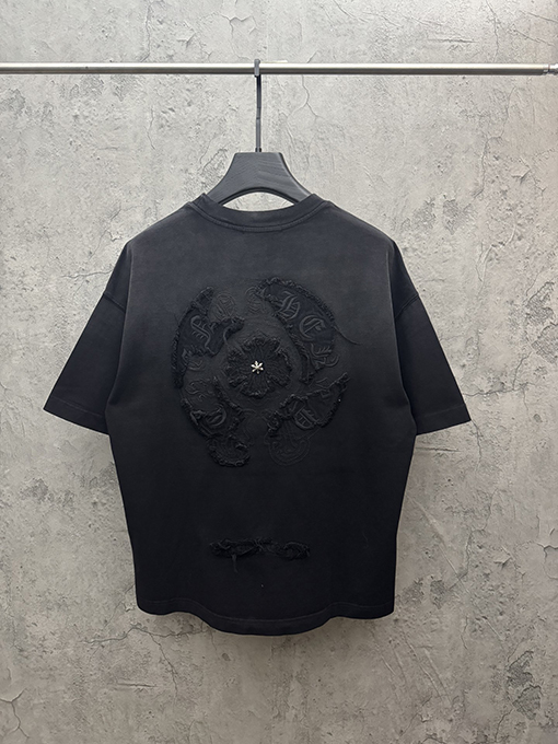 クロムハーツ 新モデルアメリカンスタイルのウォッシュドデニムパッチ刺繍カップル半袖Tシャツ