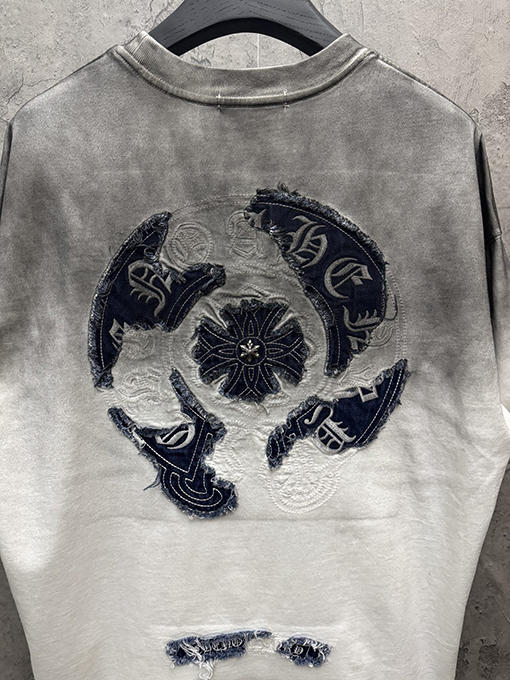 クロムハーツ 新モデルアメリカンスタイルのウォッシュドデニムパッチ刺繍カップル半袖Tシャツ