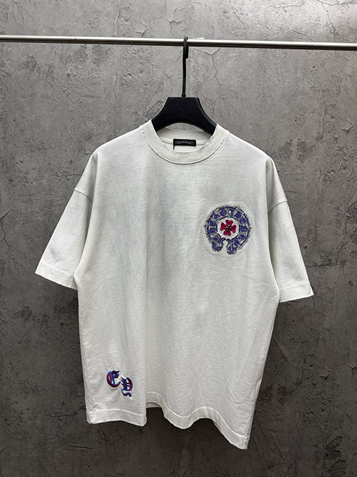 クロムハーツコピー アメリカンスタイルのウォッシュカラーブロックアップリケ刺繍半袖Tシャツ