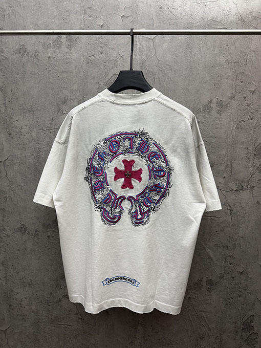 クロムハーツコピー アメリカンスタイルのウォッシュカラーブロックアップリケ刺繍半袖Tシャツ