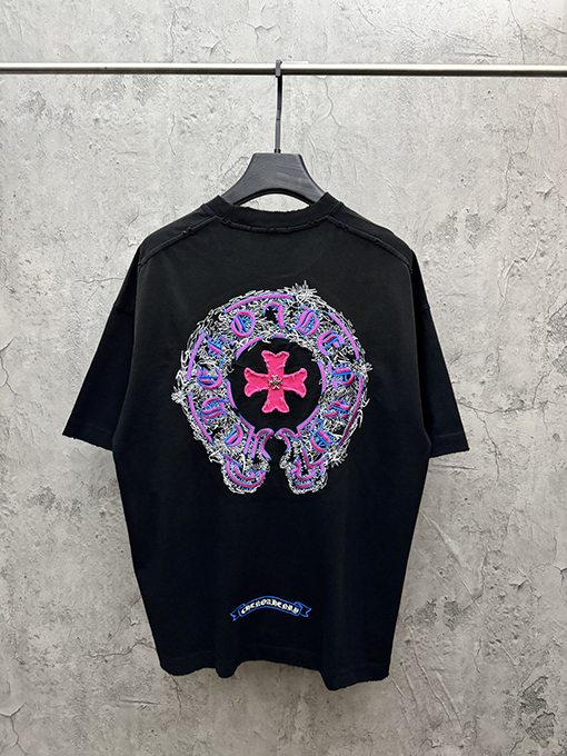 クロムハーツコピー アメリカンスタイルのウォッシュカラーブロックアップリケ刺繍半袖Tシャツ