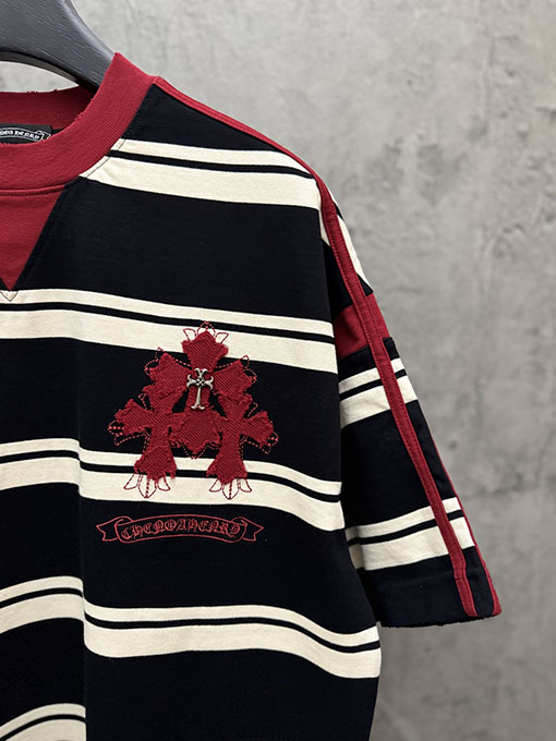 クロムハーツ 新しいアメリカンスタイルのストライプアップリケ刺繍カップル半袖Tシャツ