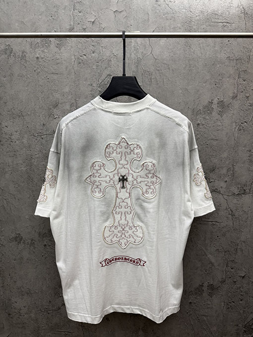クロムハーツ 新モデルメタルクロスアメリカンウォッシュアップリケ刺繍半袖Tシャツ
