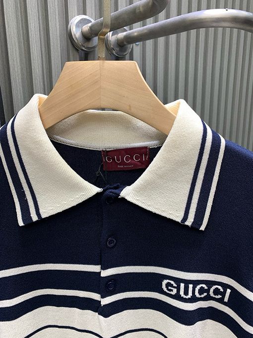 グッチコピー GUCCI 新作ストライプカラーブロックニット半袖襟付きポロシャツ