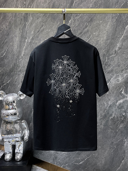 クロムハーツ ホットフィックスラインストーンクロスハンドメイドスタッド半袖Tシャツ