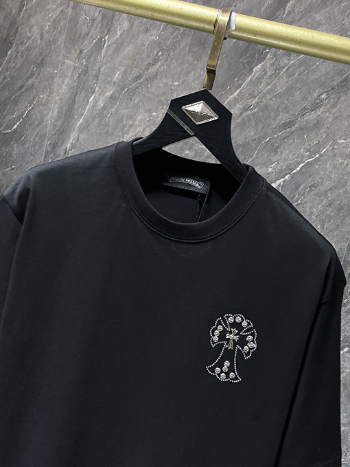 クロムハーツ ホットフィックスラインストーンクロスハンドメイドスタッド半袖Tシャツ