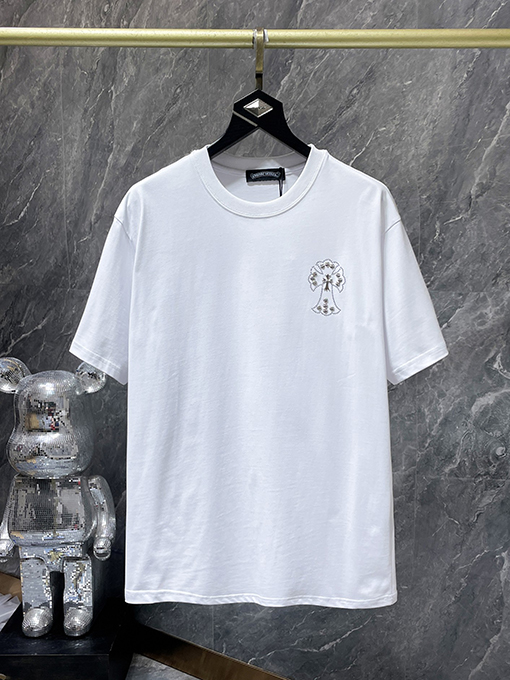 クロムハーツ ホットフィックスラインストーンクロスハンドメイドスタッド半袖Tシャツ