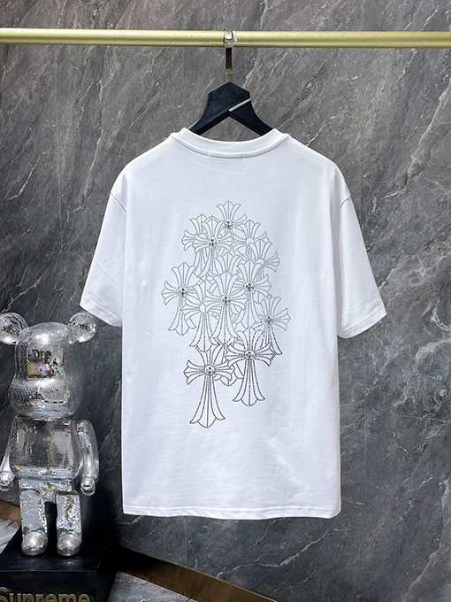 クロムハーツ ホットフィックスラインストーンクロスハンドメイドスタッド半袖Tシャツ