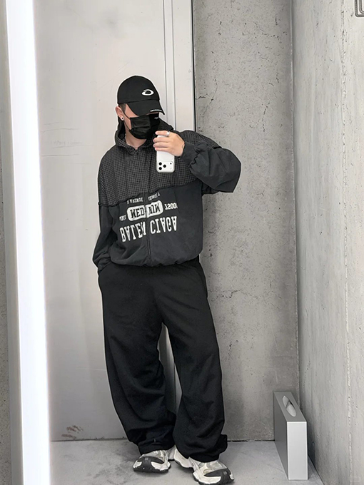 バレンシアガ BALENCIAGA チェック柄パッチワークのダメージフード付きスウェットシャツジャケット