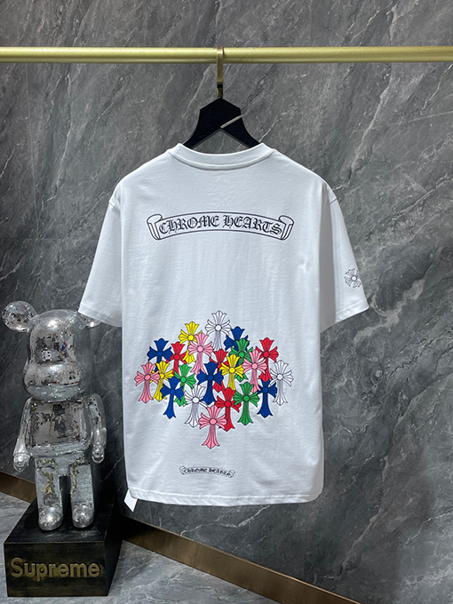 クロムハーツ クラシックなスクロールレターのカラフルなクロスフローラル半袖Tシャツ