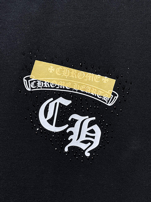 クロムハーツコピー 馬蹄手描きサンスクリットヘビーラインストーン半袖Tシャツ