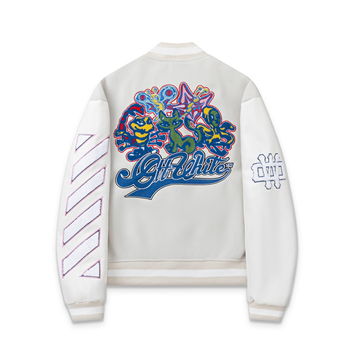 オフホワイト off white 刺繍パッチワークベースボールジャケットウール生地カップルコート